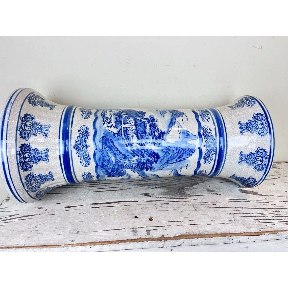 Vintage Mid Century Pedestal Shan Shui Pattern Mountain River Blue White Crazed